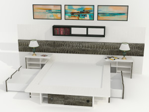 High-quality model of a bedroom set with decorative panels and additional furniture 3D 모델
