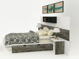 High-quality model of a bedroom set with decorative panels and additional furniture 3D 모델
