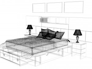 High-quality model of a bedroom set with decorative panels and additional furniture 3D 모델