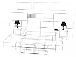 High-quality model of a bedroom set with decorative panels and additional furniture 3D 모델