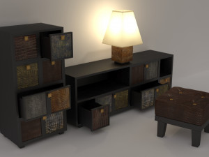 Qualitative model of a bedside table an ottoman and a table lamp with a shade 3D 模型