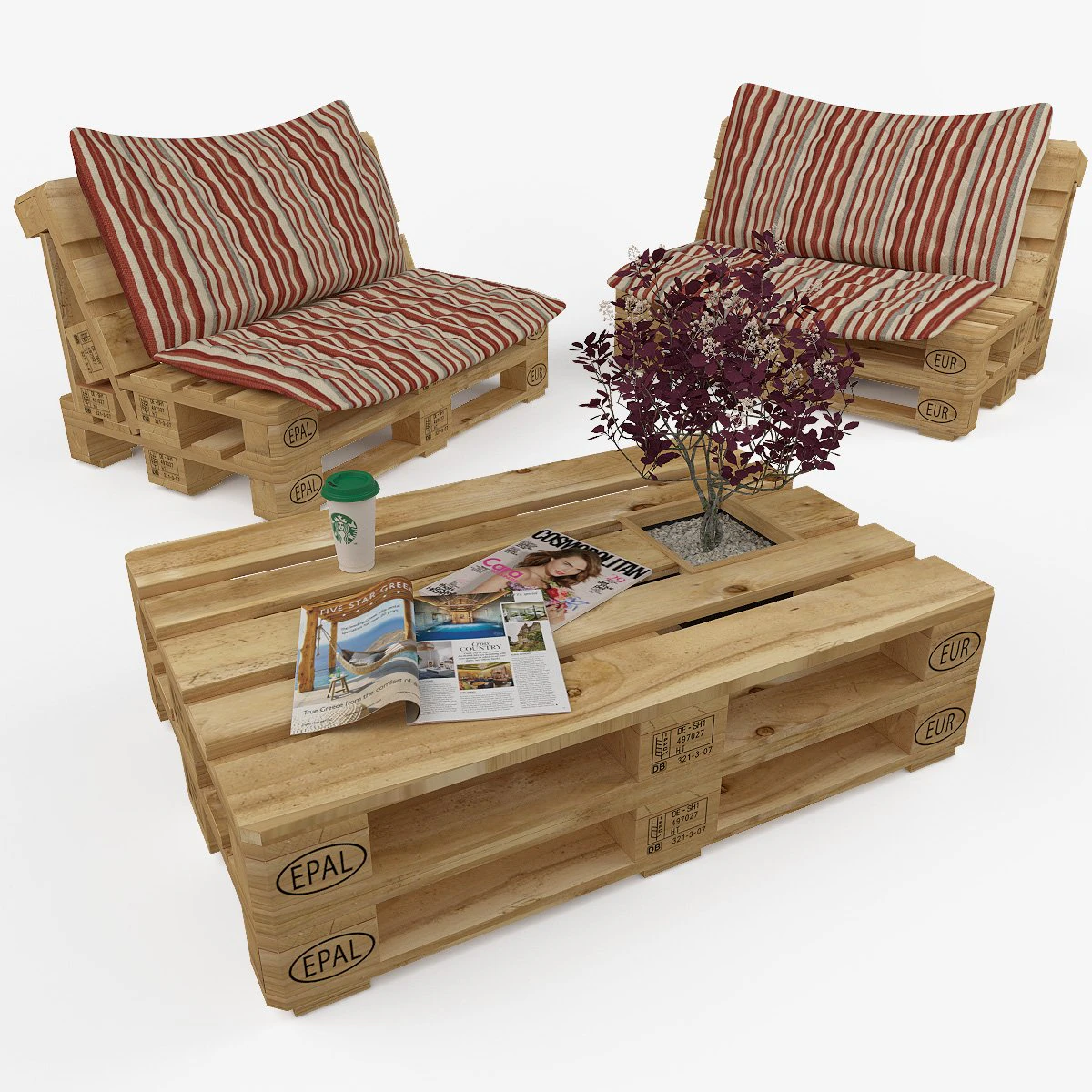 Qualitative model set of a coffee table and chair made of europallets in the style of Loft 3D Model .c4d .max .obj .3ds .fbx .stl .blend 