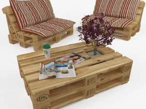 Kwalitatieve modelset van een salontafel en stoel gemaakt van europallets in de stijl van Loft 3D Model