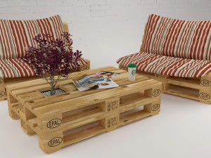 Qualitative model set of a coffee table and chair made of europallets in the style of Loft 3D Model