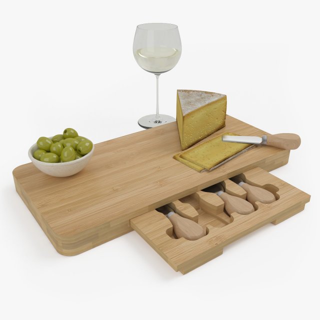 High-quality composition of bamboo cheese board models with cheese olives and a glass of wine 3Dモデル .c4d .max .obj .3ds .fbx .stl .blend 