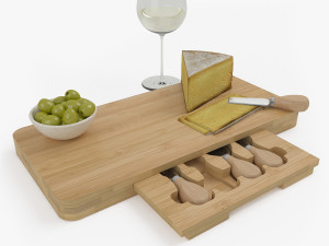 High-quality composition of bamboo cheese board models with cheese olives and a glass of wine 3D Model