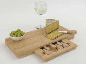 High-quality composition of bamboo cheese board models with cheese olives and a glass of wine 3Dモデル
