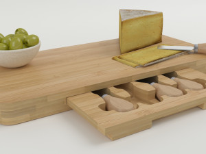 High-quality composition of bamboo cheese board models with cheese olives and a glass of wine 3Dモデル