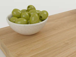 High-quality composition of bamboo cheese board models with cheese olives and a glass of wine 3Dモデル