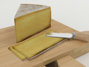 High-quality composition of bamboo cheese board models with cheese olives and a glass of wine 3Dモデル