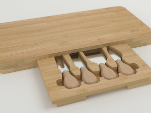 High-quality composition of bamboo cheese board models with cheese olives and a glass of wine 3Dモデル