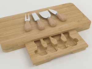 High-quality composition of bamboo cheese board models with cheese olives and a glass of wine 3Dモデル