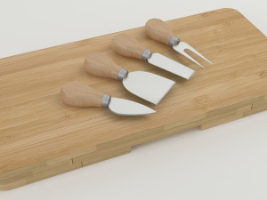 High-quality composition of bamboo cheese board models with cheese olives and a glass of wine 3Dモデル