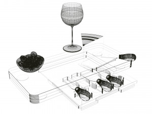 High-quality composition of bamboo cheese board models with cheese olives and a glass of wine 3Dモデル