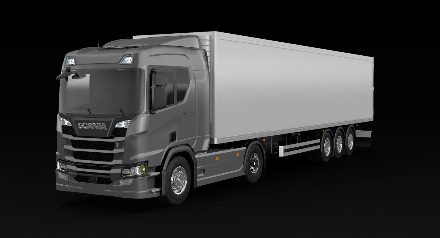 Scania R500 Box Trailer 3D Model .c4d .max .obj .3ds .fbx .stl .blend