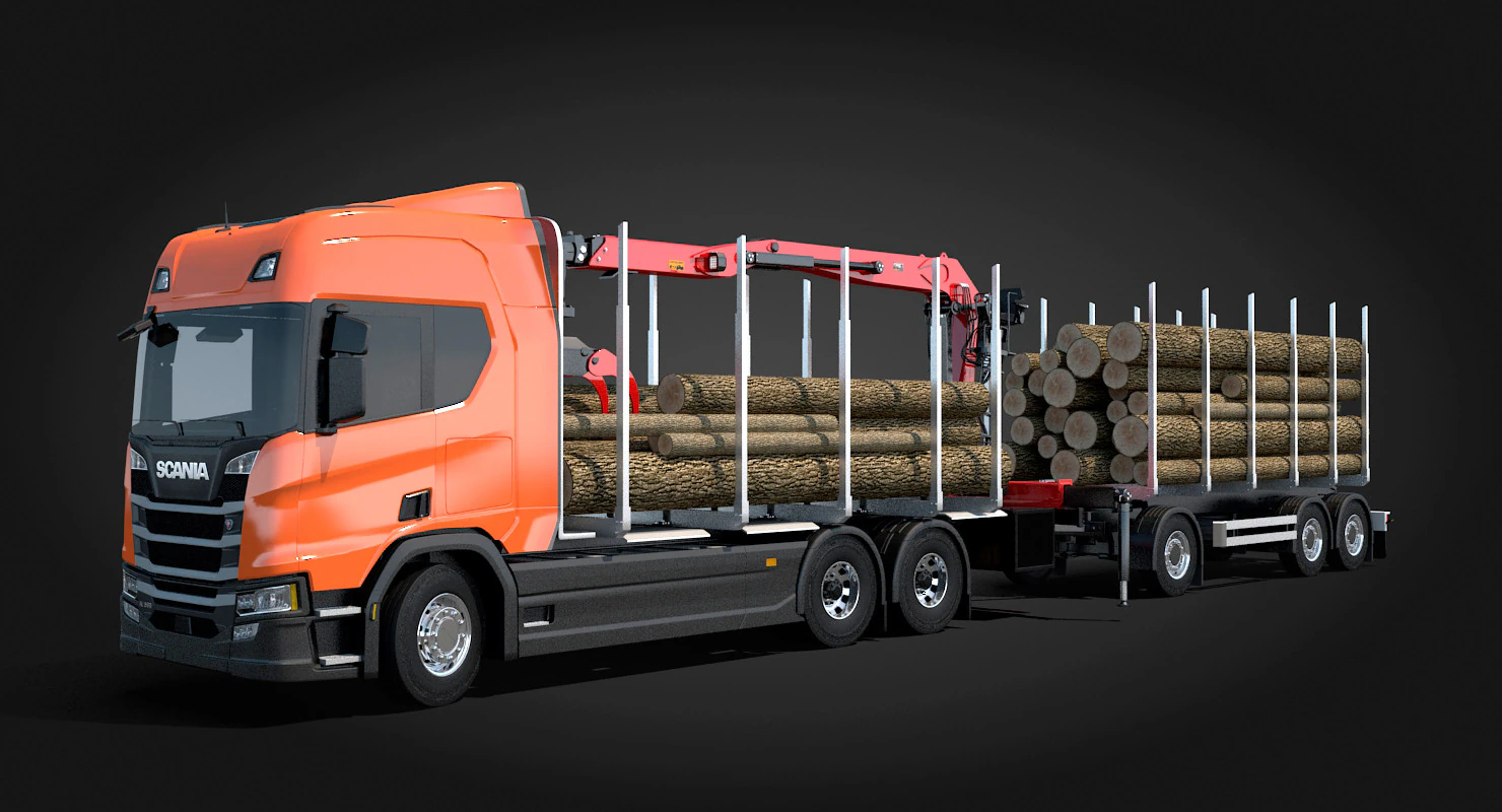 Scania Logging Truck and Trailer 3D Model .c4d .max .obj .3ds .fbx .stl .blend 