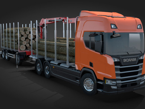 Scania Logging Truck and Trailer 3D Model