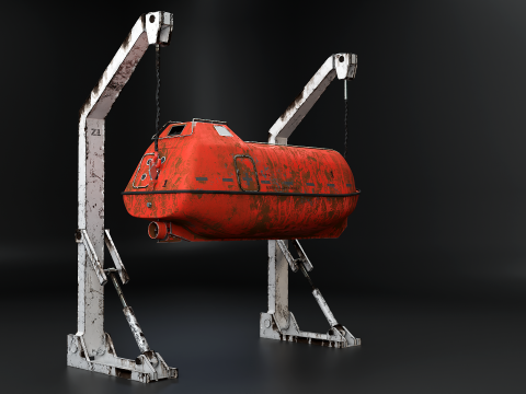 Stara ł&oacute;dź ratunkowa z modelem morskiego statku ratowniczego z żurawikiem Model 3D