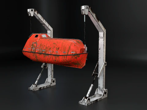Aged Lifeboat with Davit Crane System Marine Rescue Vessel Model 3D Model