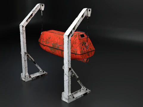 Aged Lifeboat with Davit Crane System Marine Rescue Vessel Model 3D Model