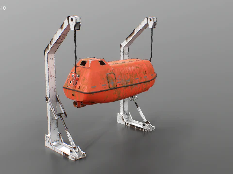Aged Lifeboat with Davit Crane System Marine Rescue Vessel Model 3D Model