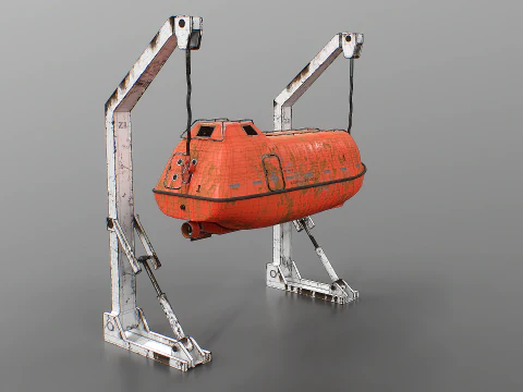 Aged Lifeboat with Davit Crane System Marine Rescue Vessel Model 3D Model