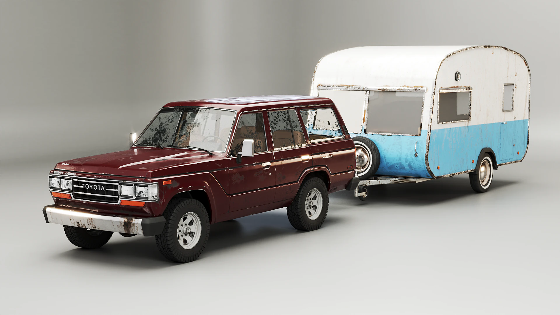 Toyota Land Cruiser J60 invecchiato e roulotte da campeggio classica Modello 3D .c4d .max .obj .3ds .fbx .stl .blend