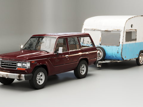 Aged Toyota land Cruiser J60 and Classic Camping Caravan 3D Model