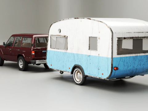Toyota Land Cruiser J60 invecchiato e roulotte da campeggio classica Modello 3D