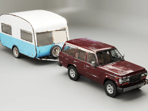Toyota Land Cruiser J60 invecchiato e roulotte da campeggio classica Modello 3D