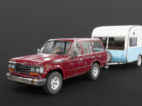 Toyota Land Cruiser J60 invecchiato e roulotte da campeggio classica Modello 3D