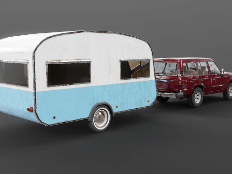 Toyota Land Cruiser J60 invecchiato e roulotte da campeggio classica Modello 3D