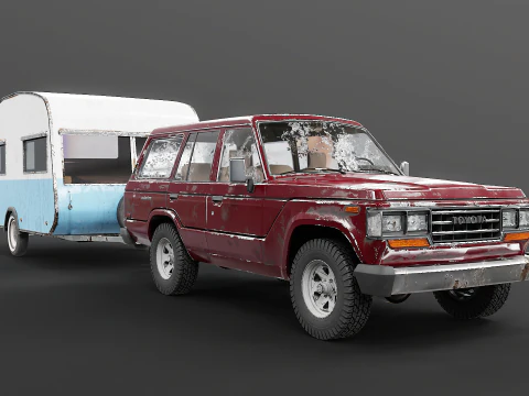 Toyota Land Cruiser J60 invecchiato e roulotte da campeggio classica Modello 3D