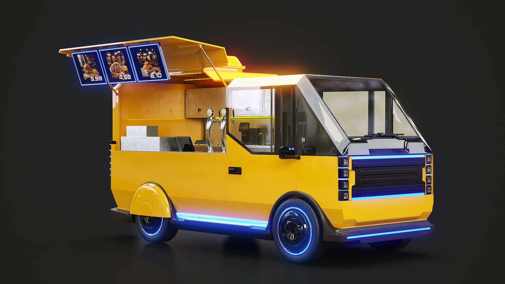 Futuristic Cyberpunk Street Food Truck -Neon Sci-Fi Food Van 3D Model .c4d .max .obj .3ds .fbx .stl .blend 