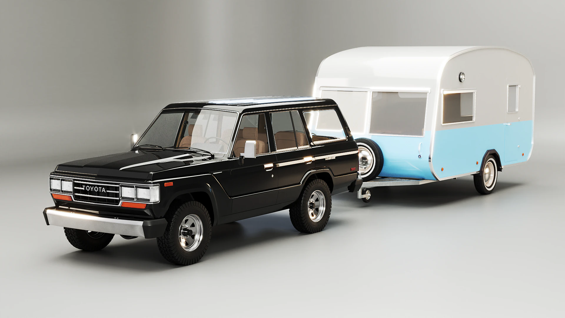 丰田陆地巡洋舰 J60 和经典露营房车 3D 模型 .c4d .max .obj .3ds .fbx .stl .blend 