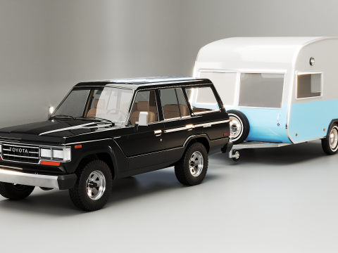 Toyota land Cruiser J60 and Classic Camping Caravan 3D Model