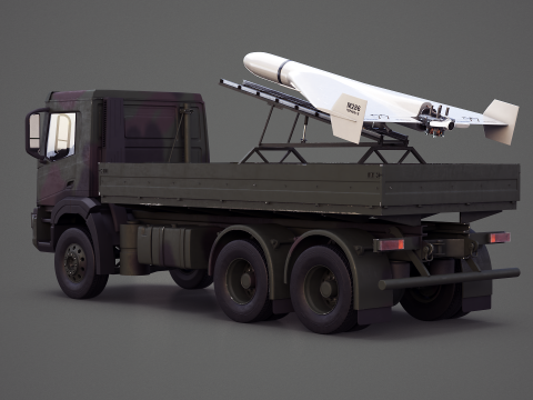 Militaire transportwagen met Drone Launcher Geran-2 Wit 3D Model