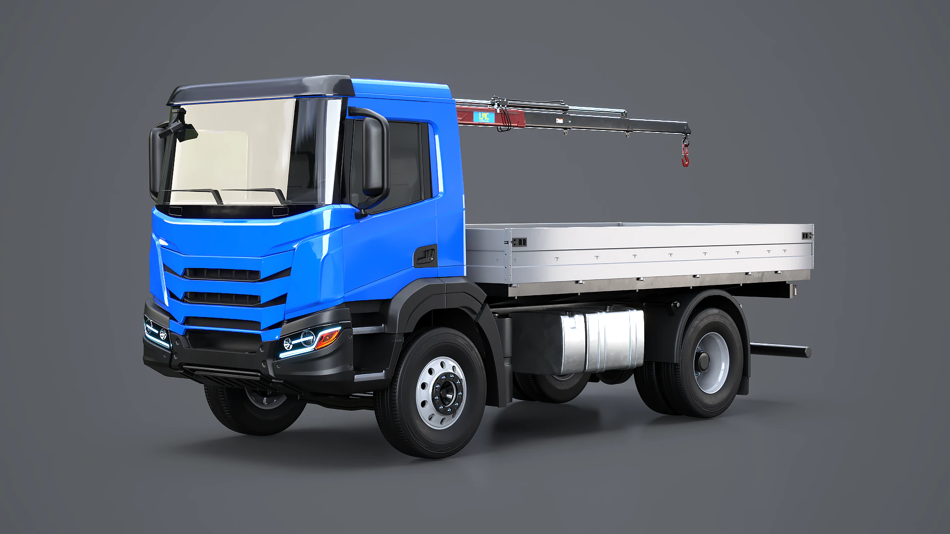 Realistic Flatbed Truck with Loader Crane 3D Model .c4d .max .obj .3ds .fbx .stl .blend