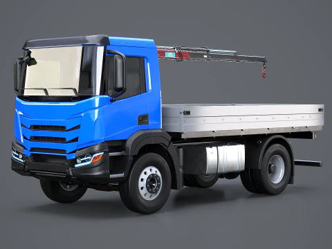 Truk Flatbed Realistis dengan Loader Crane Model 3D