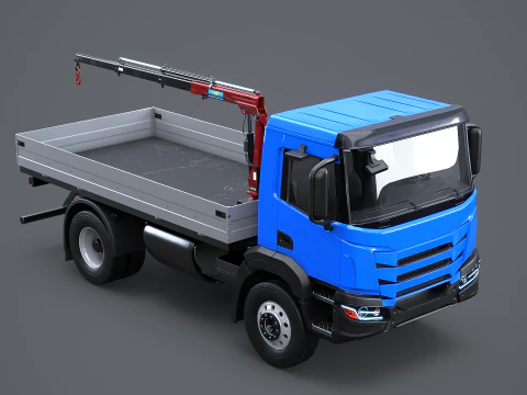 Realistic Flatbed Truck with Loader Crane 3D Model
