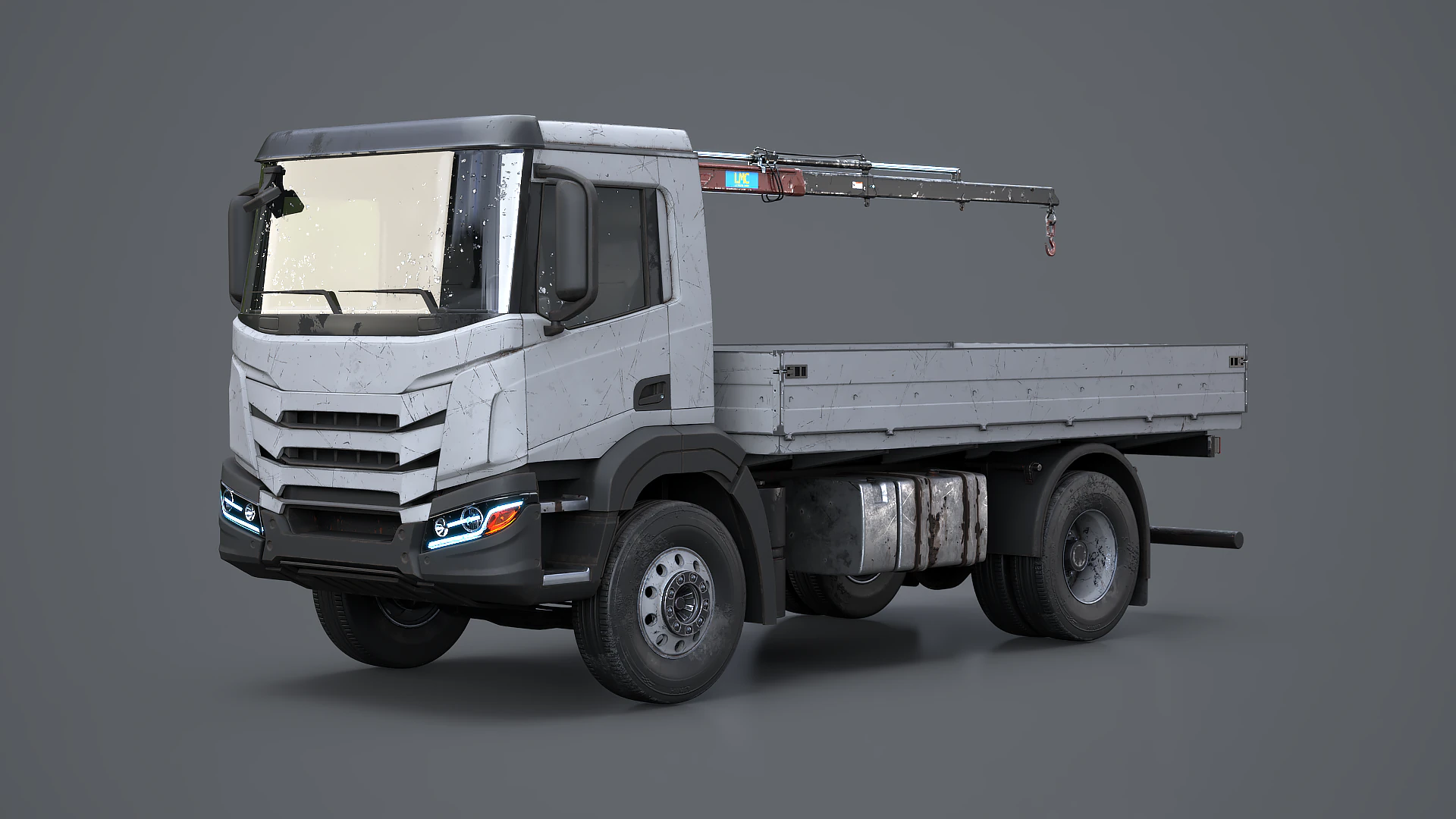 Realistic Flatbed Truck with Loader Crane Aged and Rusted 3D Model .c4d .max .obj .3ds .fbx .stl .blend 
