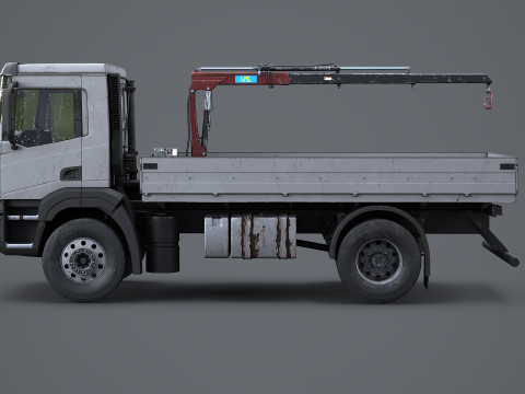 Truk Flatbed Realistis dengan Loader Crane Berumur dan Berkarat Model 3D