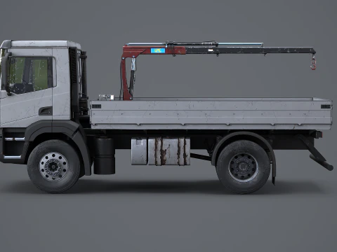 Realistic Flatbed Truck with Loader Crane Aged and Rusted 3D Model