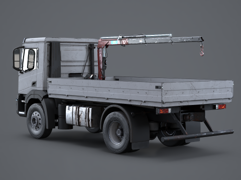 Truk Flatbed Realistis dengan Loader Crane Berumur dan Berkarat Model 3D