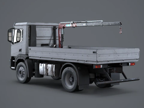 Realistic Flatbed Truck with Loader Crane Aged and Rusted 3D Model