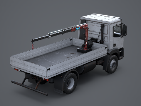 Truk Flatbed Realistis dengan Loader Crane Berumur dan Berkarat Model 3D