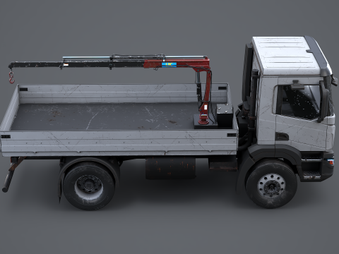 Truk Flatbed Realistis dengan Loader Crane Berumur dan Berkarat Model 3D