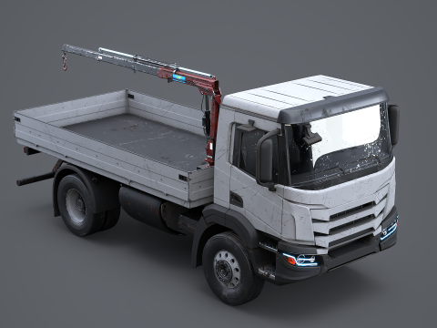 Truk Flatbed Realistis dengan Loader Crane Berumur dan Berkarat Model 3D