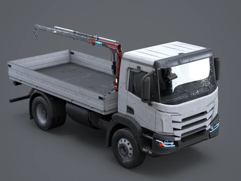 Realistic Flatbed Truck with Loader Crane Aged and Rusted 3D Model