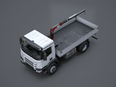 Realistic Flatbed Truck with Loader Crane Aged and Rusted 3D Model